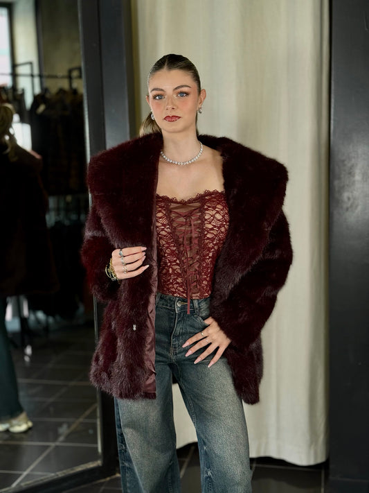 Eco pelliccia Borgogna oversize con cintura a laccio in taglia unica 2199