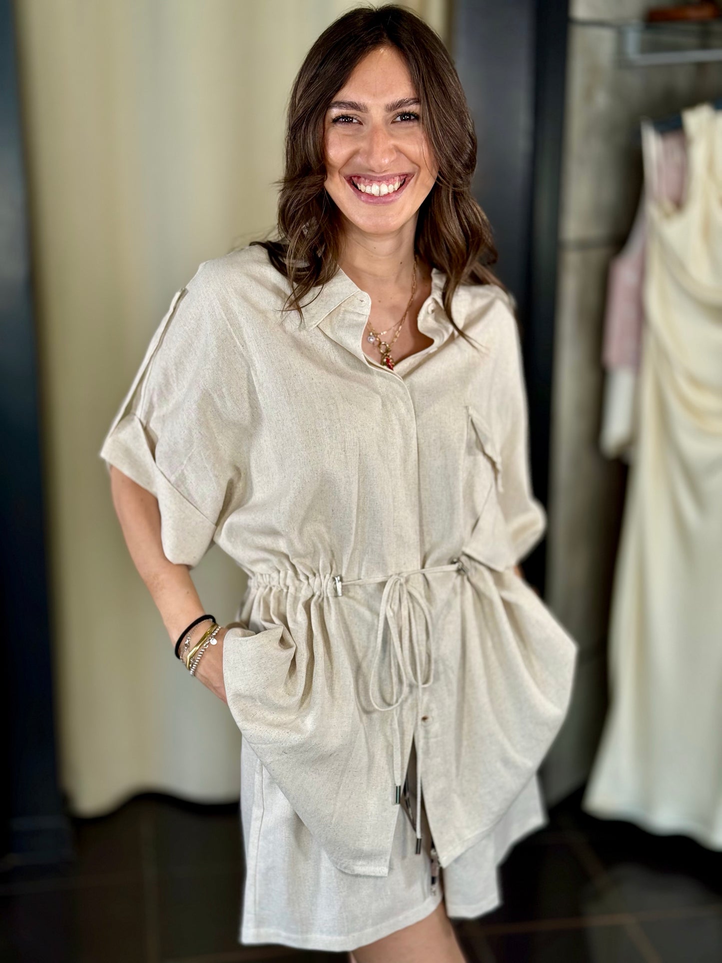 Sahariana sabbia in lino con coulisse in vita in taglia unica 580