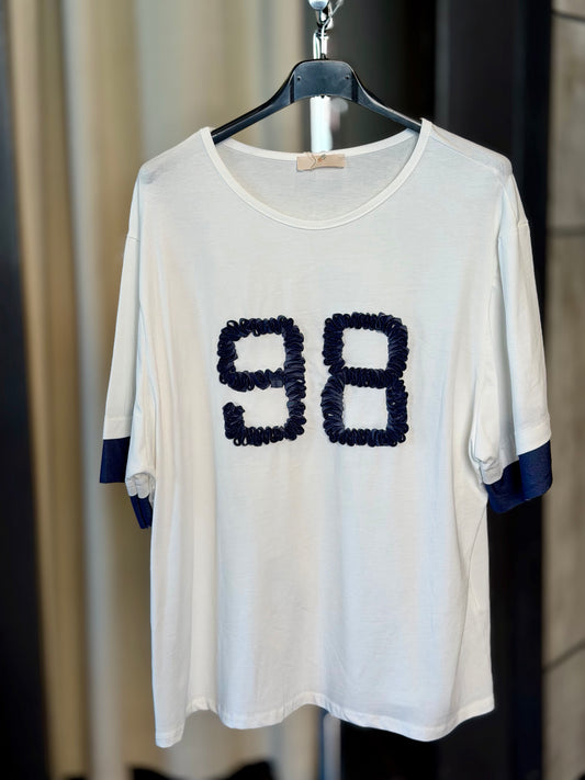 T-shirt oversize bianca con numero in georgette nel blu in taglia unica 2398