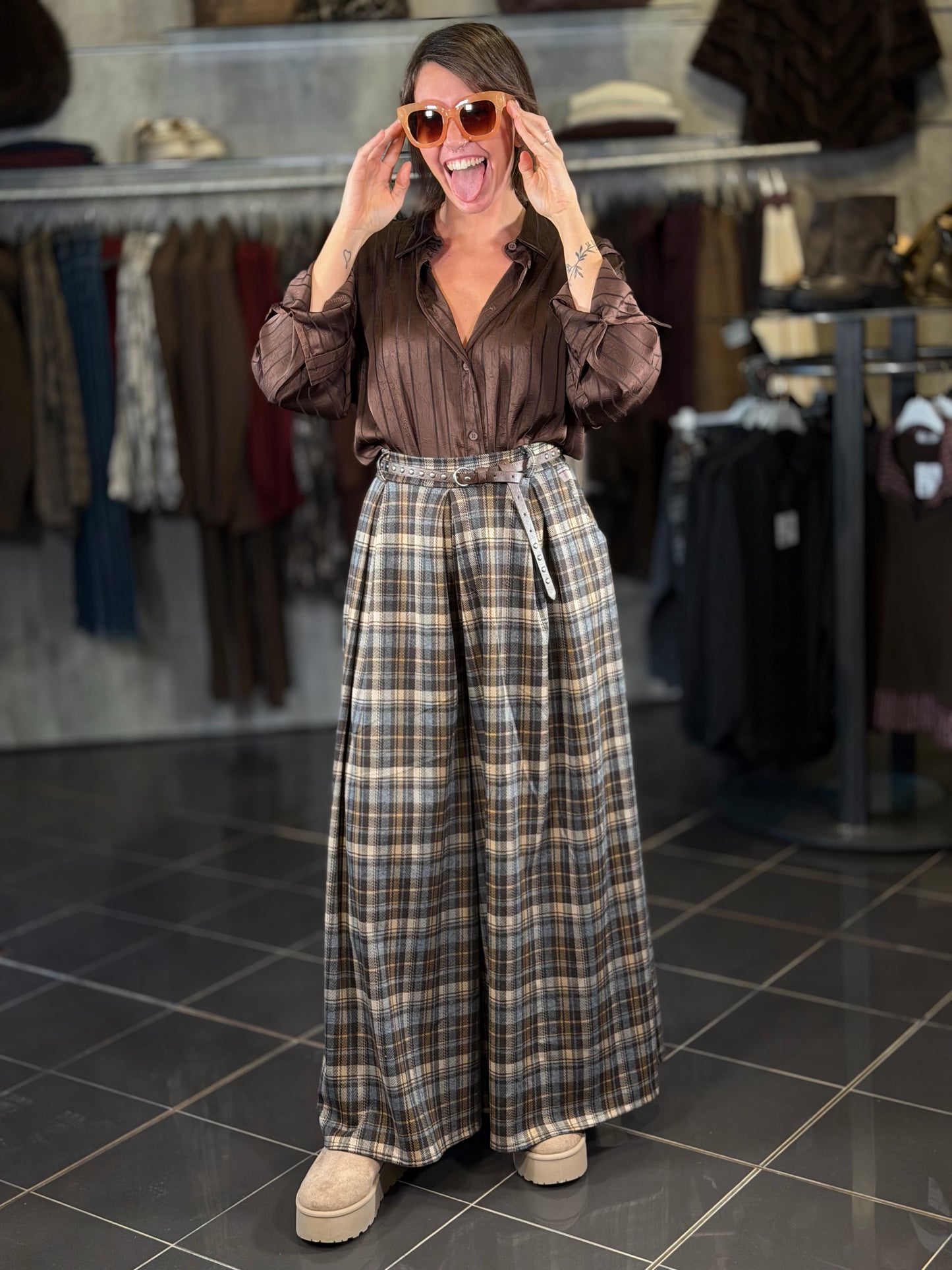 Gonna pantalone scozzese marrone in taglia unica 2434