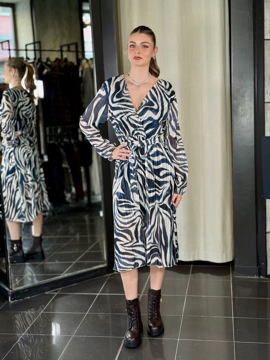 Abito midi con fusciacca blu e scollo a V in taglia unica 2219