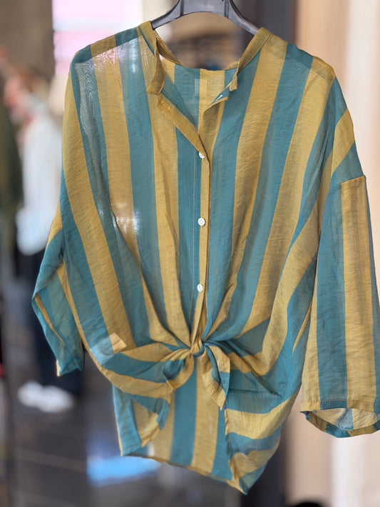Camicia coreana in mussola di cotone a righe verdi in taglia unica 2852A