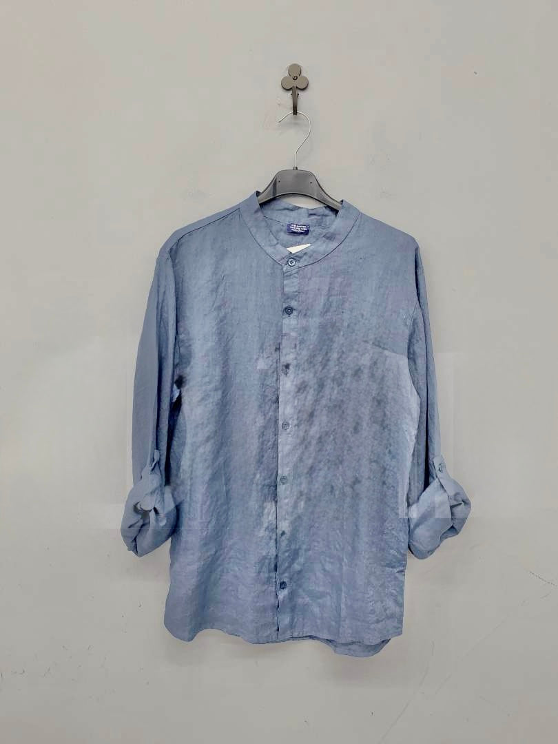 Camicia in lino azzurro polvere con collo alla coreana 2452