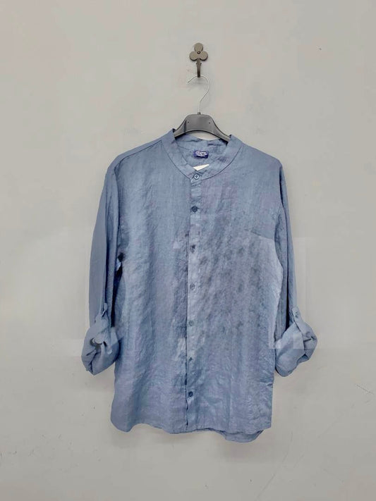 Camicia in lino azzurro polvere con collo alla coreana 2452