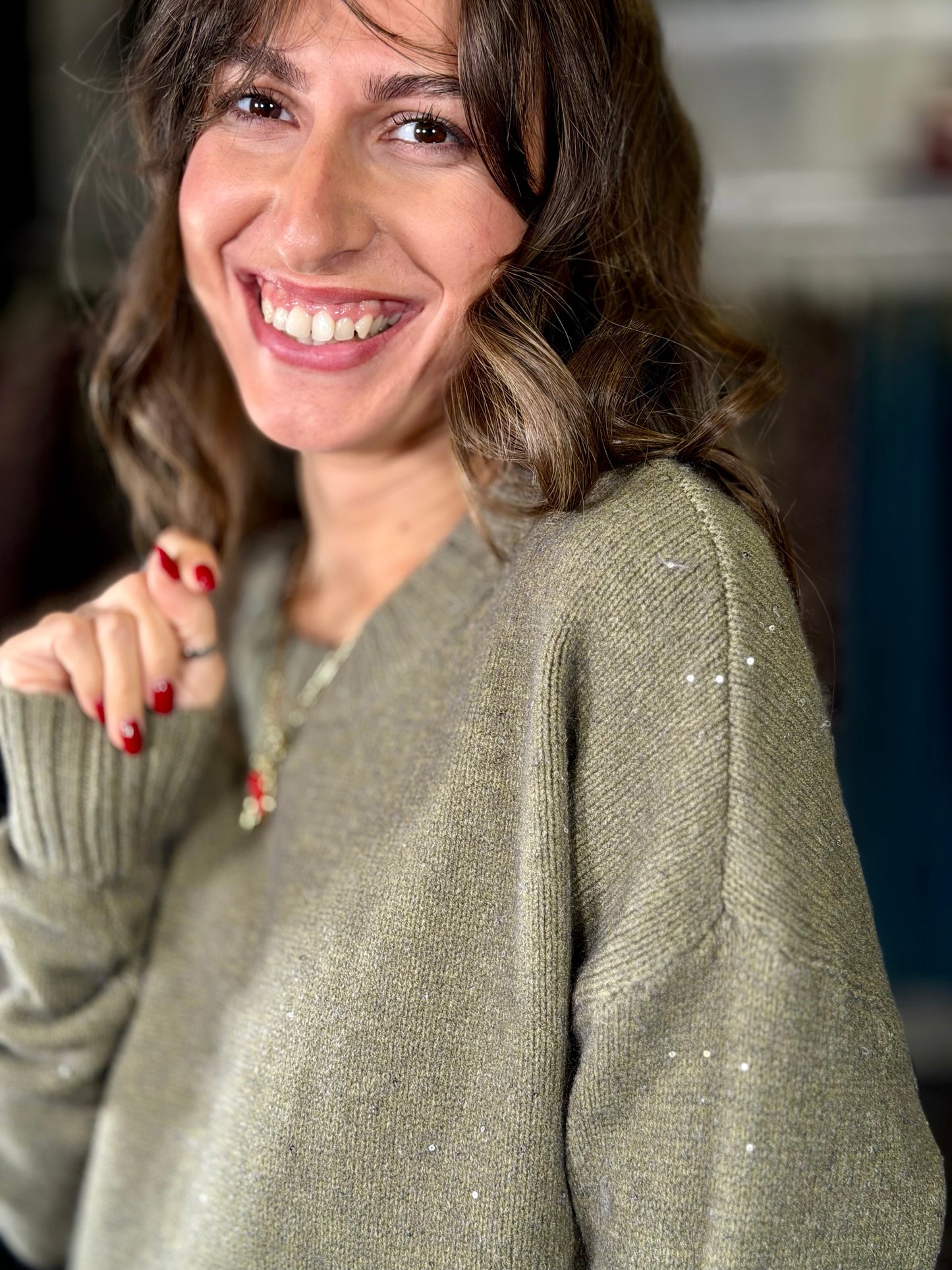 Maglione verde militare con paillettes in taglia unica 2281