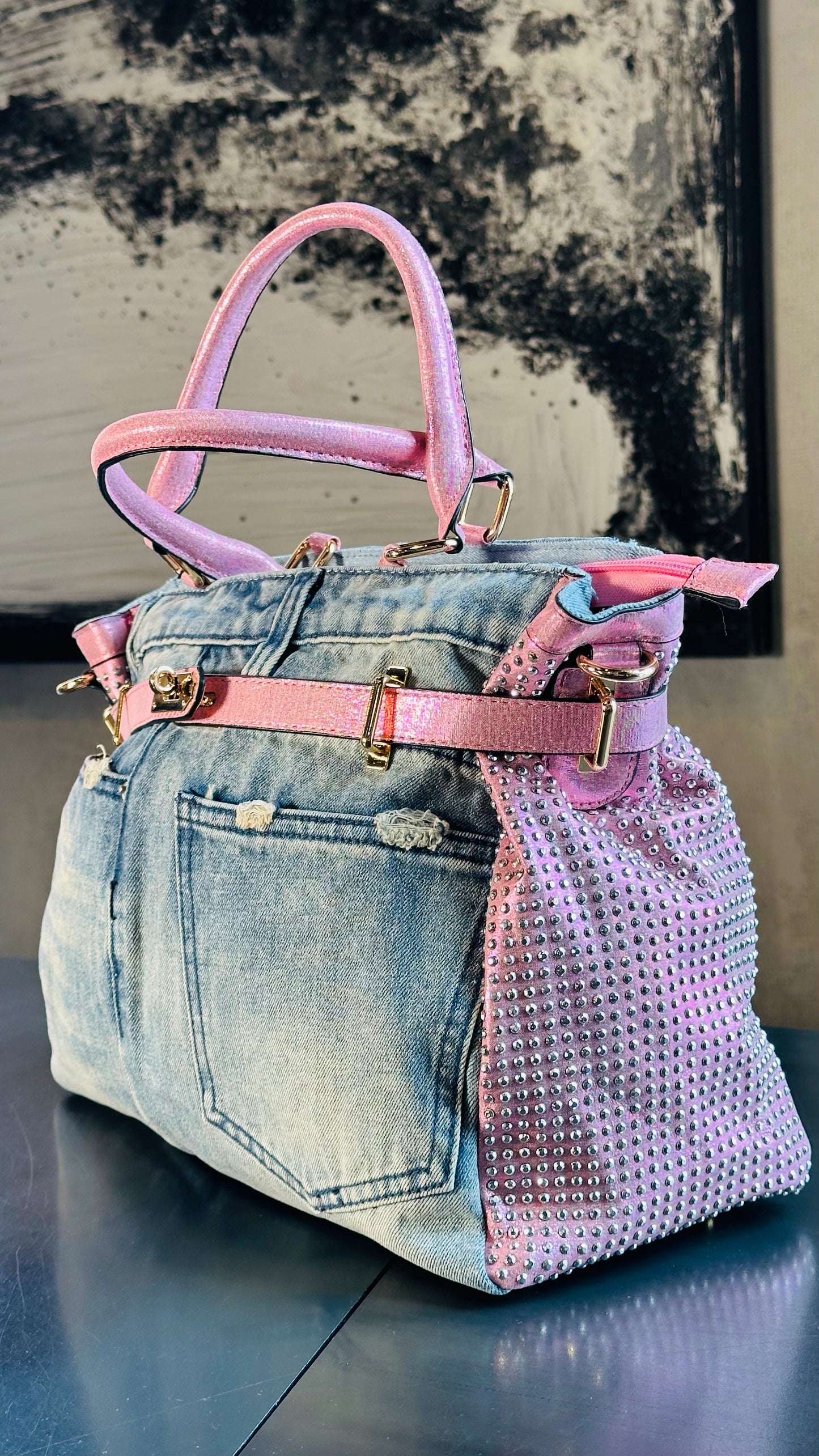 Maxi bag in jeans con inserti in similpelle rosa tracolla all’interno 475