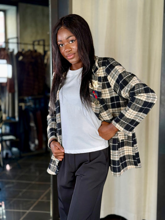 Blazer scozzese nero con spille in taglia unica 2214