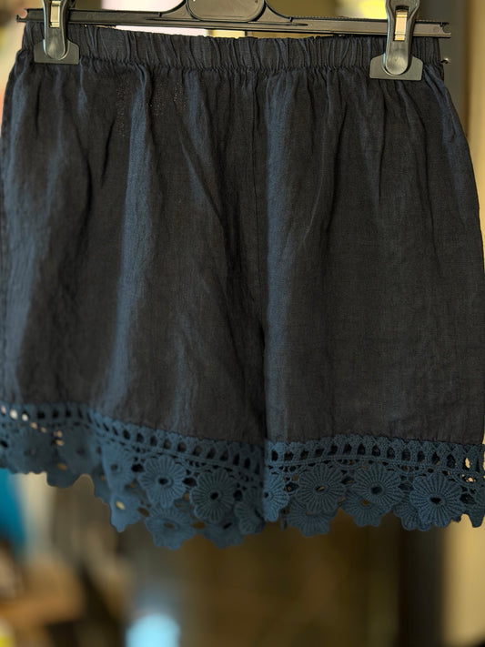 Shorts blu in lino con ricamo in taglia unica 2859
