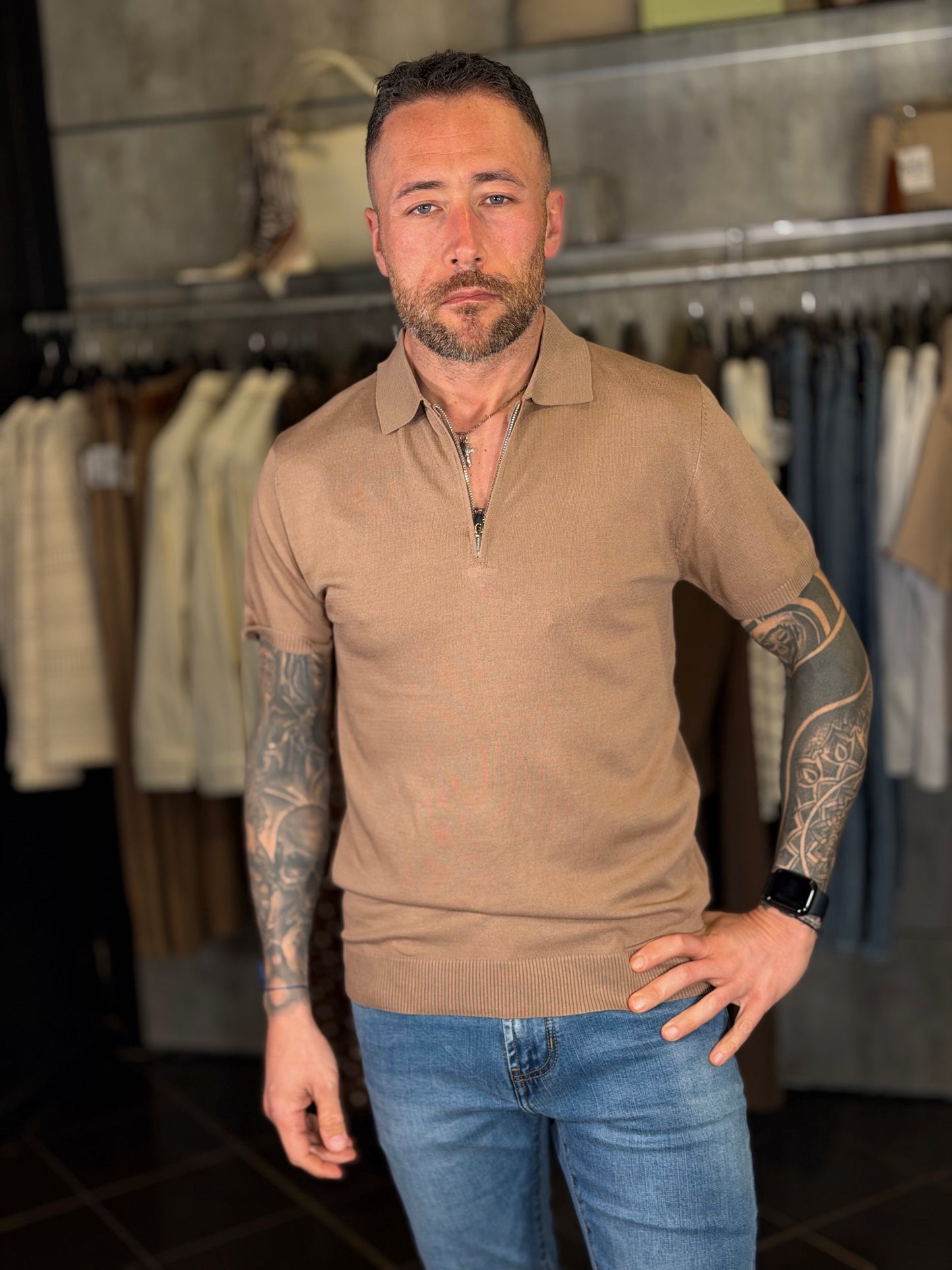 Polo in filo con zip beige 2156