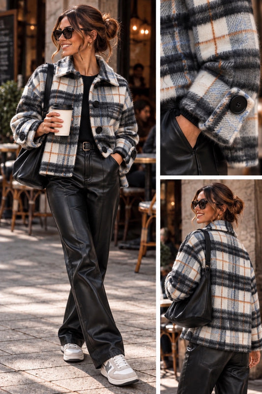 Cappottino check grigio e nero a camicia