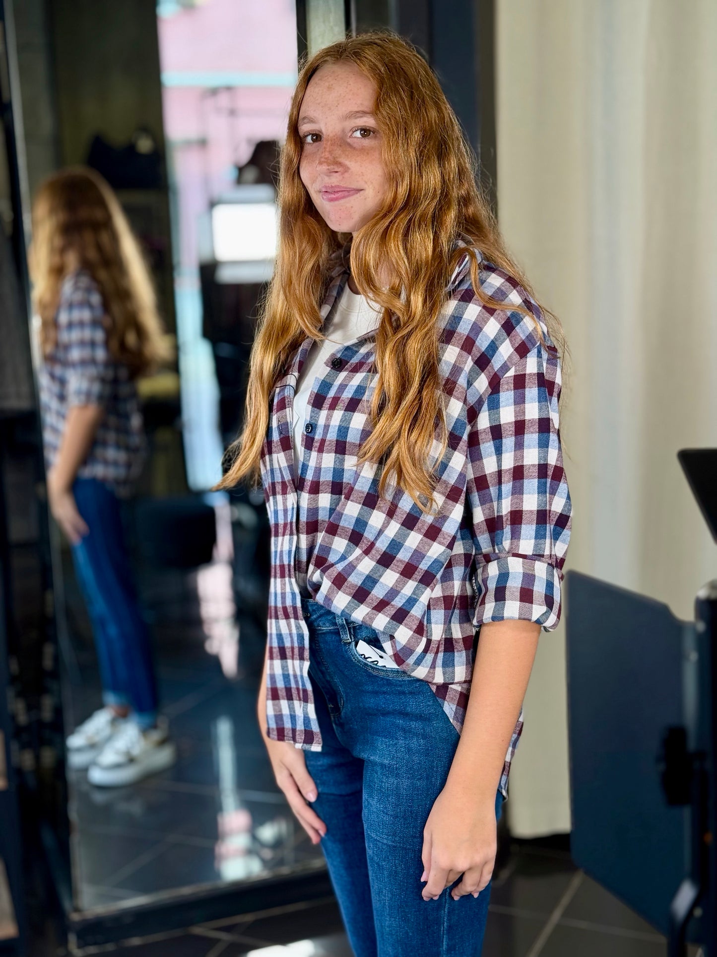 Camicia scozzese Bordeaux blu e panna in taglia unica 2057