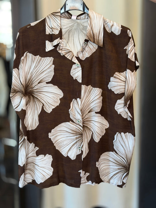 Camicia marrone in fantasia fiore panna in taglia unica 2888