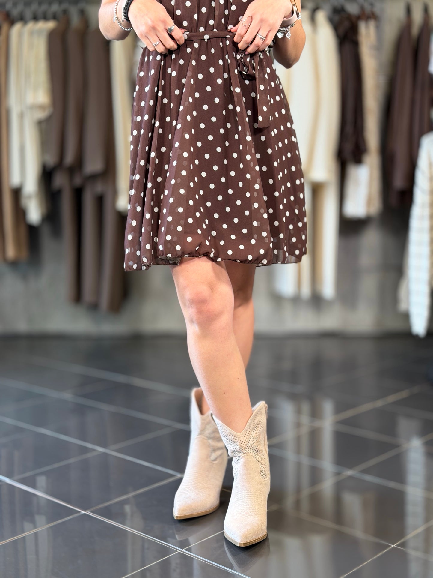 Abito scollo americana marrone a pois in taglia unica 2226