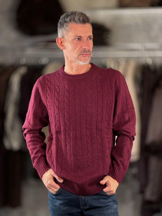 Maglione girocollo bordeaux con trecce 2602