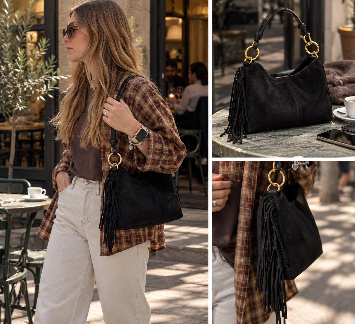Mini bag nera effetto suede con frange con tracolla all’interno