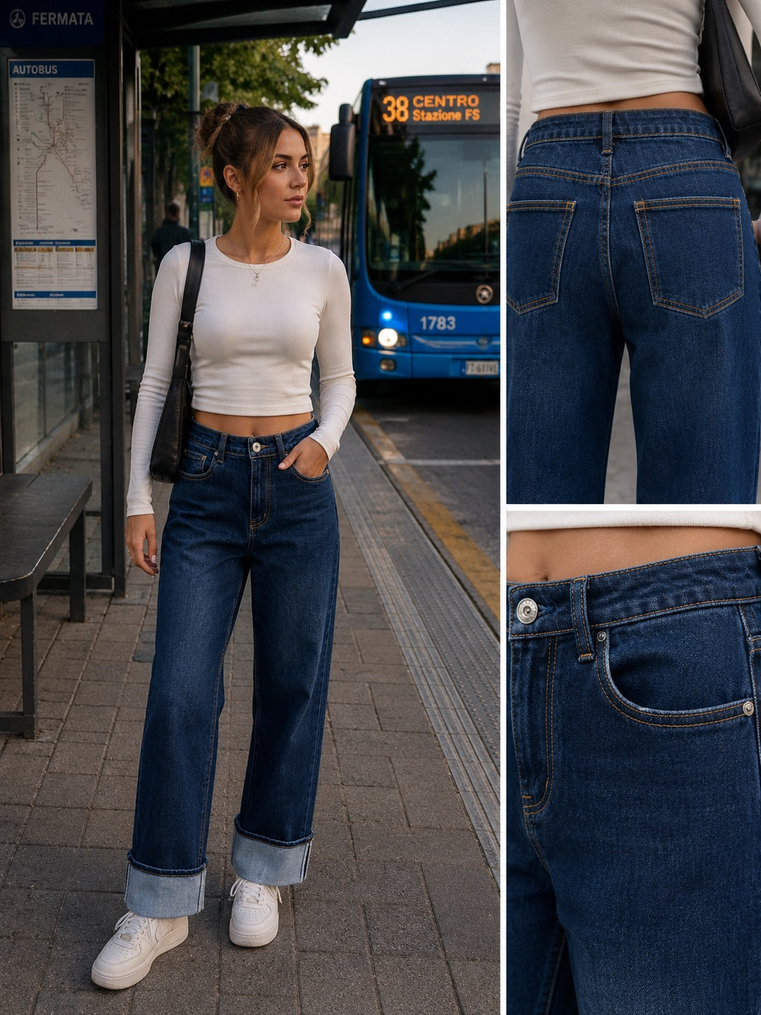 Jeans slim blu con risvolto