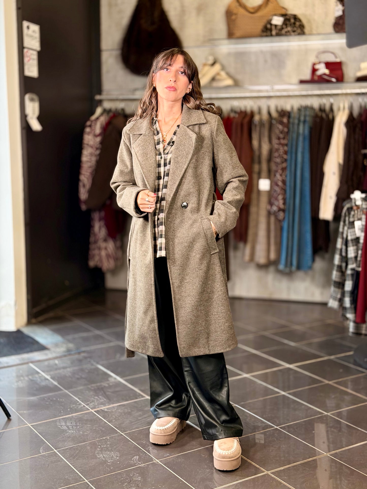 Cappotto marrone sale e pepe con fusciacca in taglia unica 2252