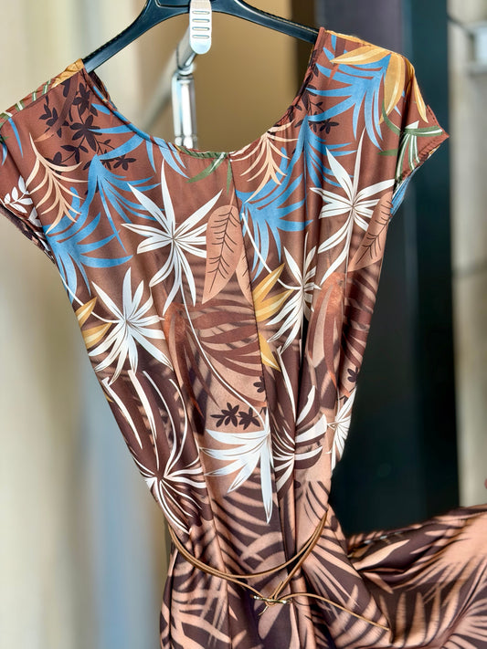 Tuta marrone con fantasia foliage beige e cintura in taglia unica 2376