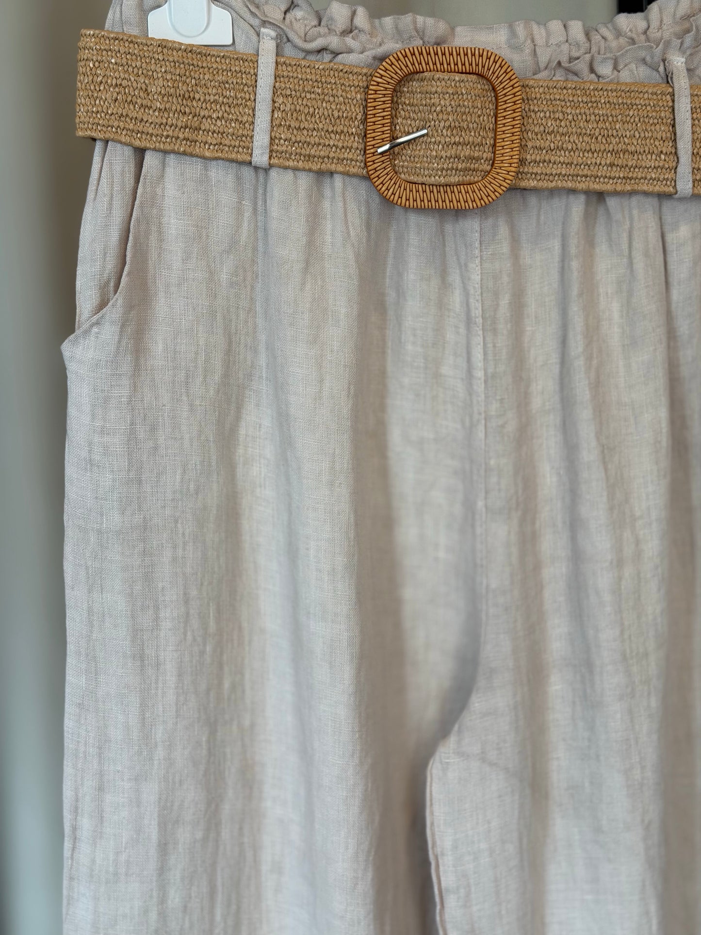 Pantalone in lino sabbia con cintura in taglia unica 2561