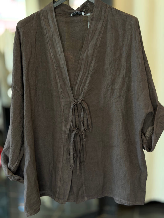 Camicia in Lino coreana marrone con lacci in taglia unica 2859A