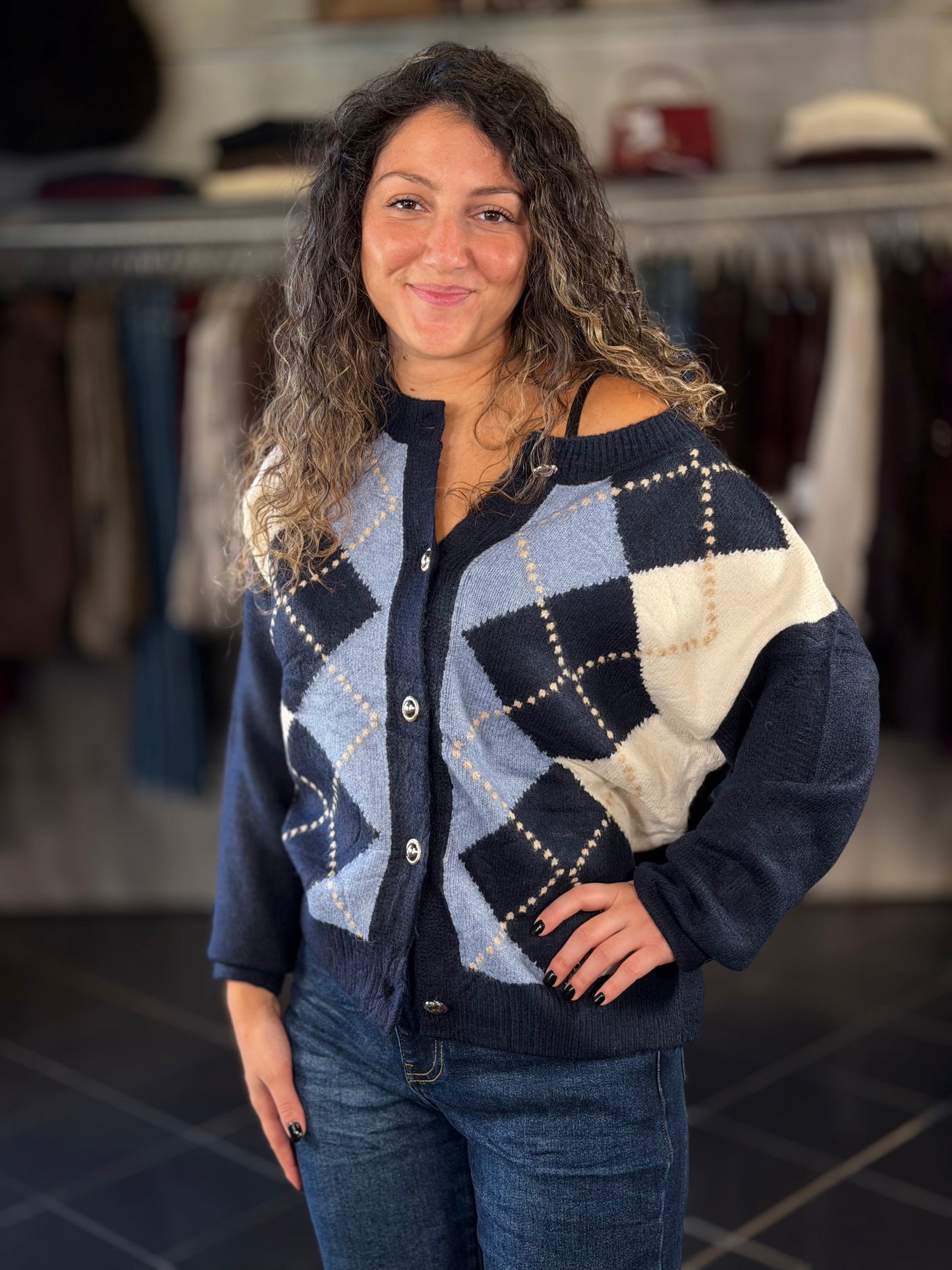 Cardigan blu a rombi in taglia unica 2472