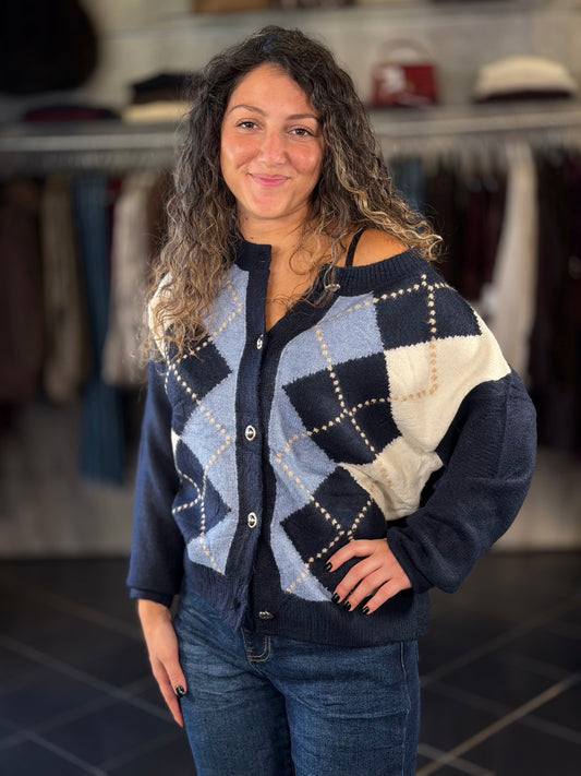 Cardigan blu a rombi in taglia unica 2472
