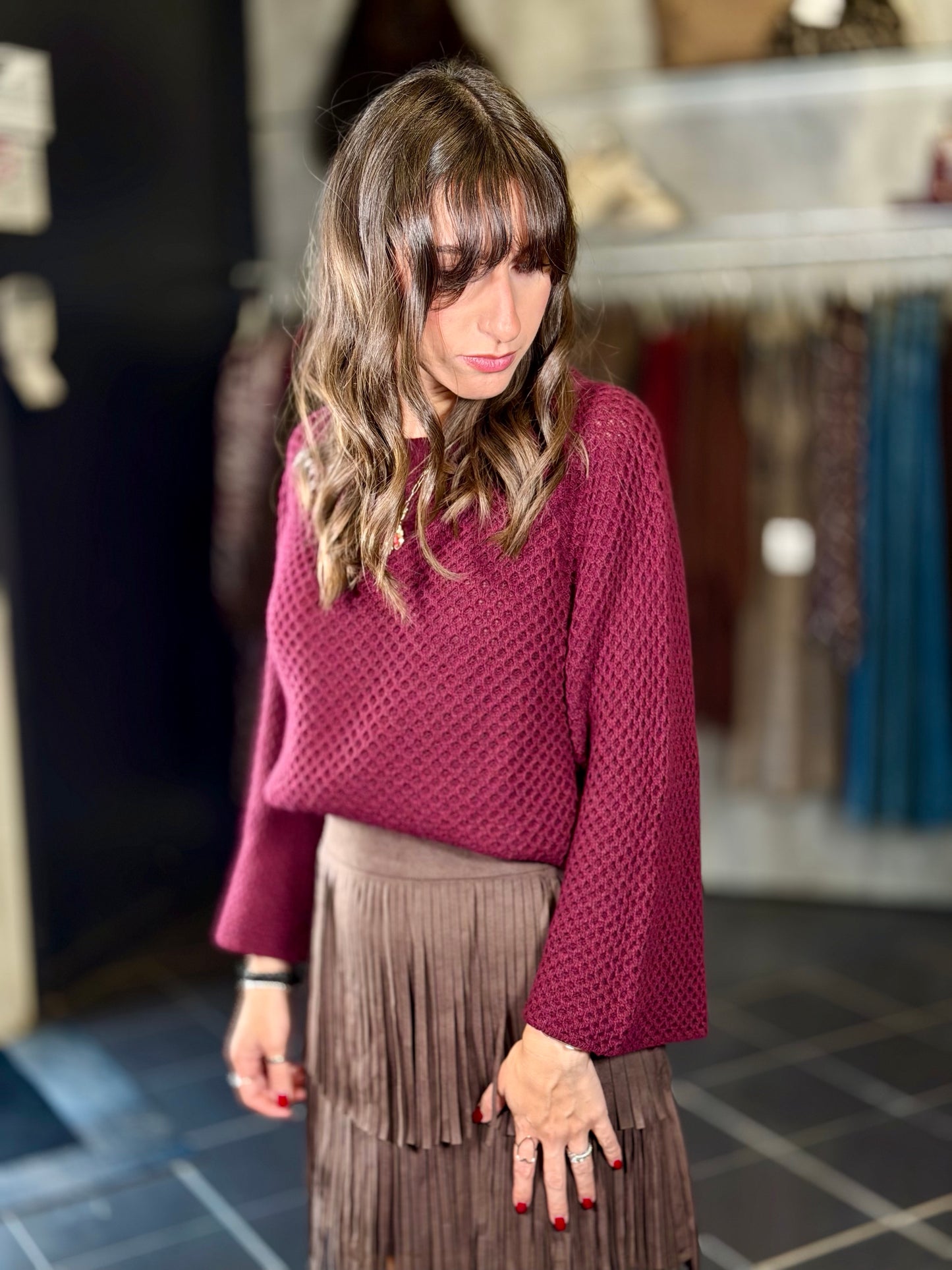 Maglioncino quadrato con manica a trombetta bordeaux in taglia unica 2401