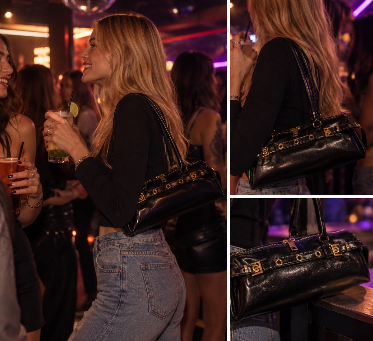 Mini bag a baguette in similpelle con fibbia e borchie