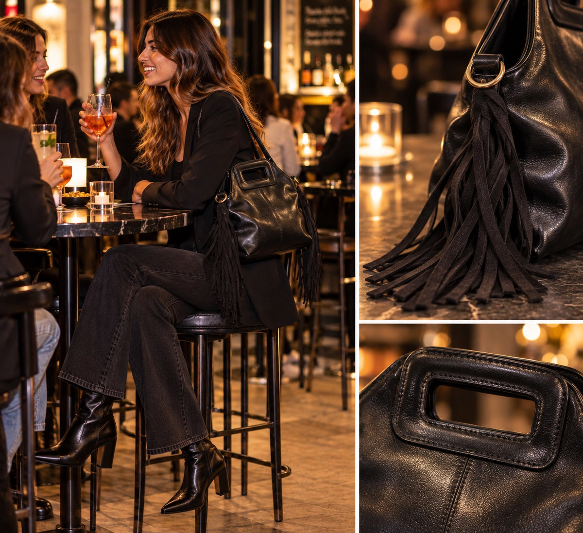 Mini bag in similpelle nera con frange e tracolla all’interno
