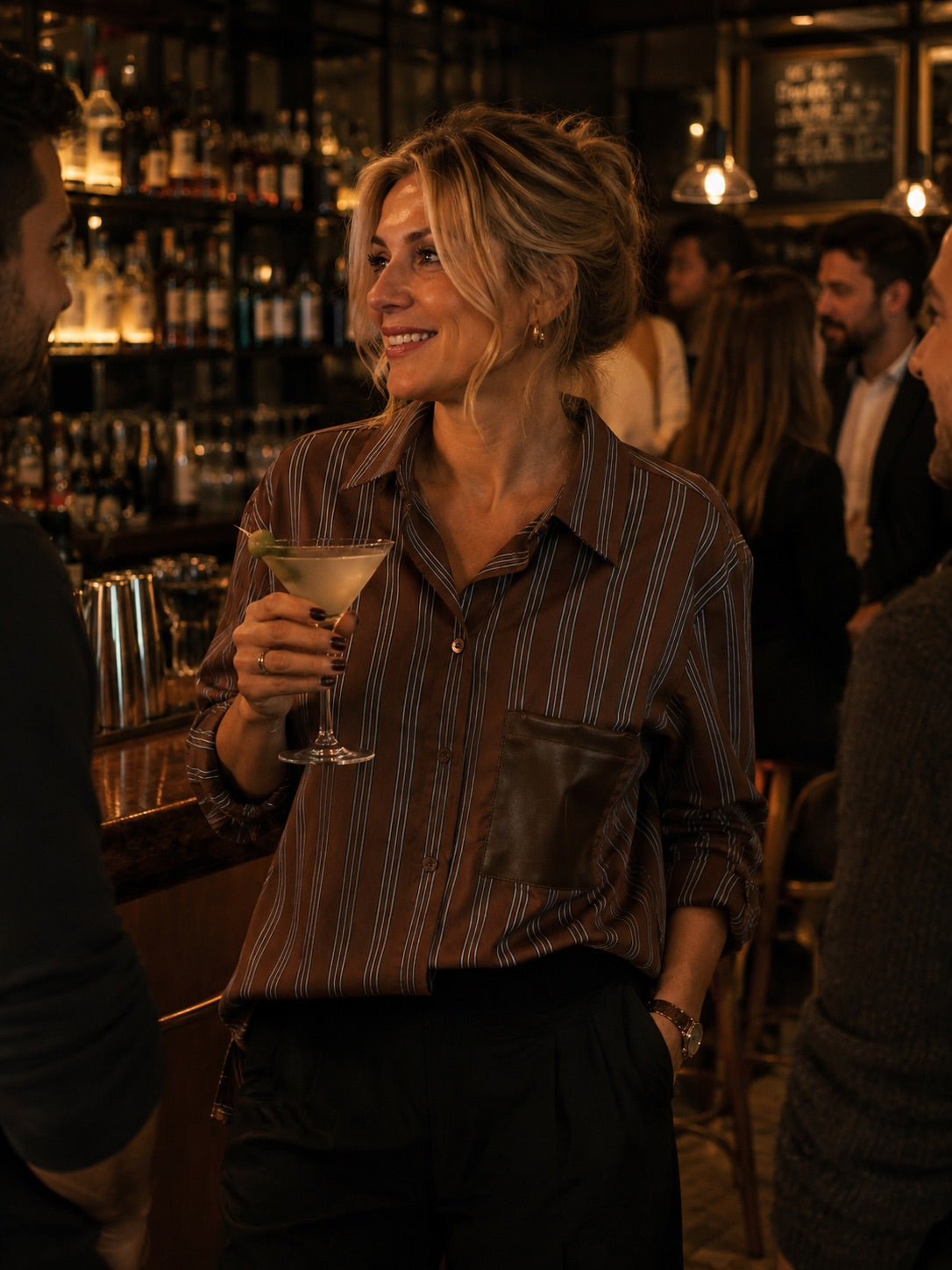 Camicia marrone a righe azzurre con tasca applicata in similpelle in taglia unica
