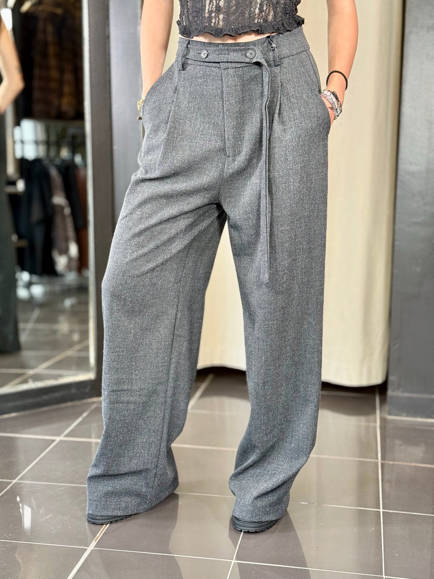 Pantalone palazzo grigio scuro cintura con bottoni 2222