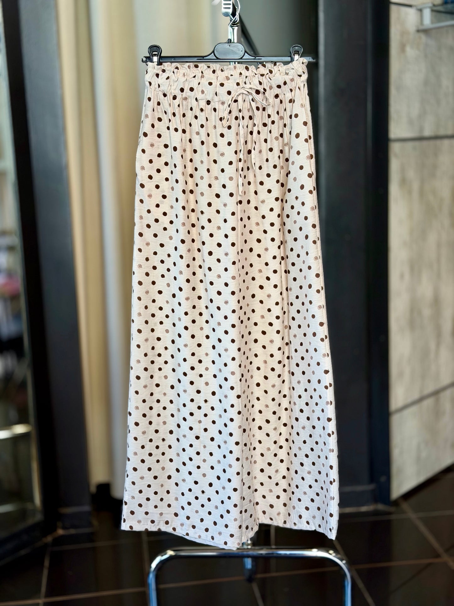 Pantalone a palazzo a pois marroni e beige in taglia unica 2389