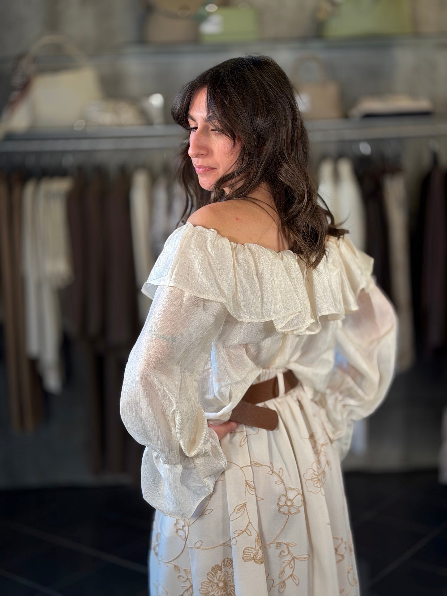 Blusa scollo a barca champagne in taglia unica 2241