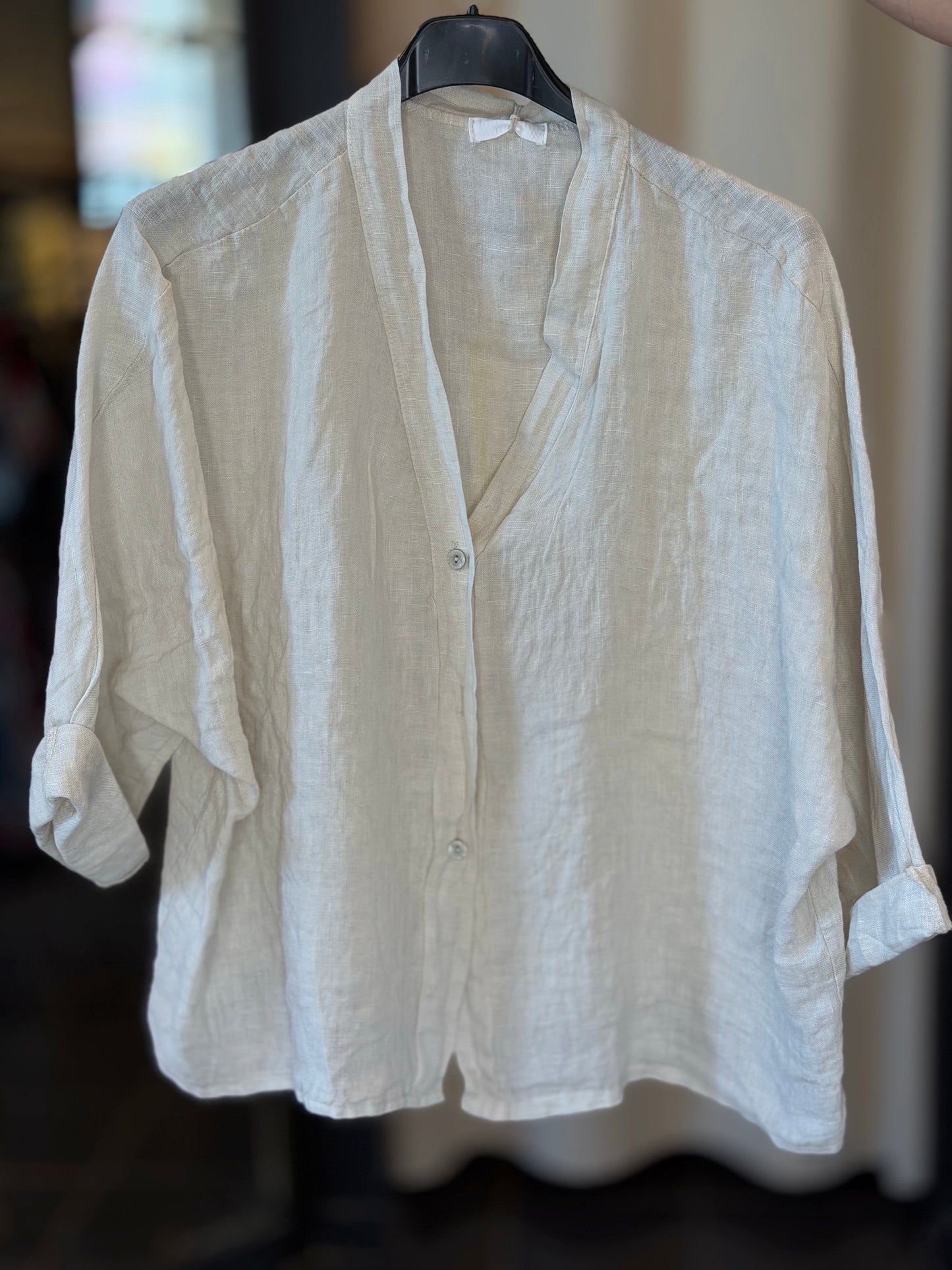 Camicia beige in lino con scollo a V in taglia unica 2846