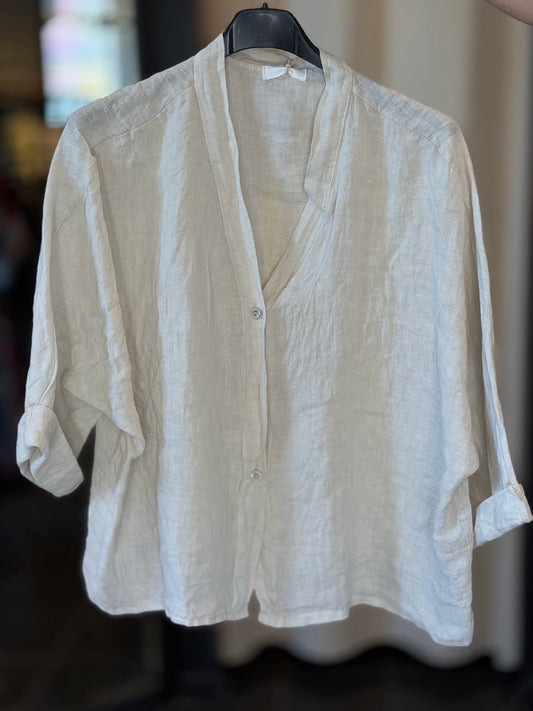 Camicia beige in lino con scollo a V in taglia unica 2846