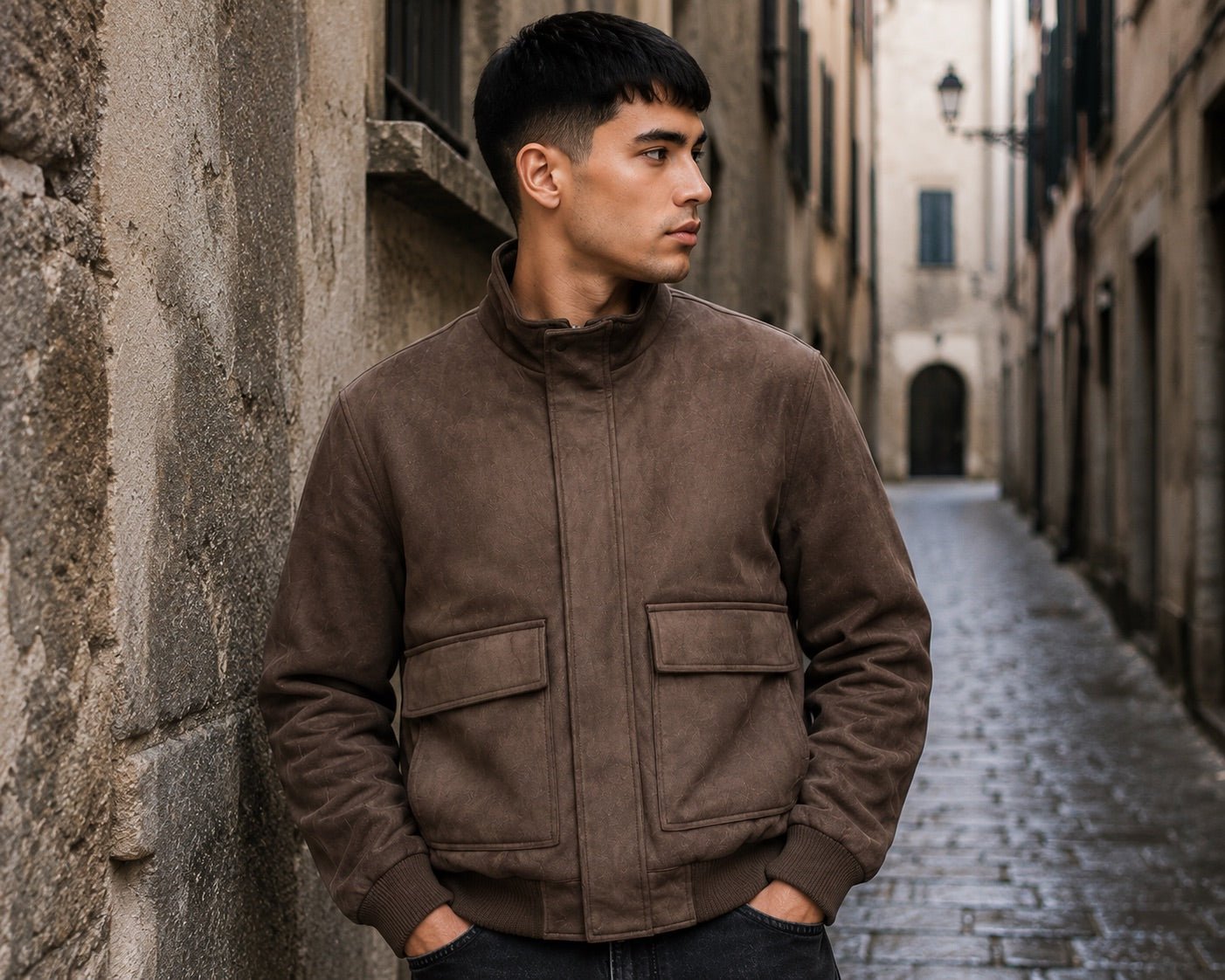 Giubbino in suede marrone con tasche applicate