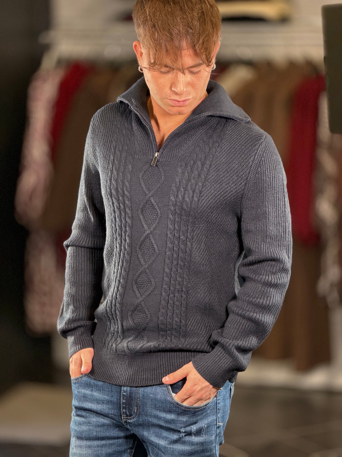 Maglione con mezza zip blu 2482