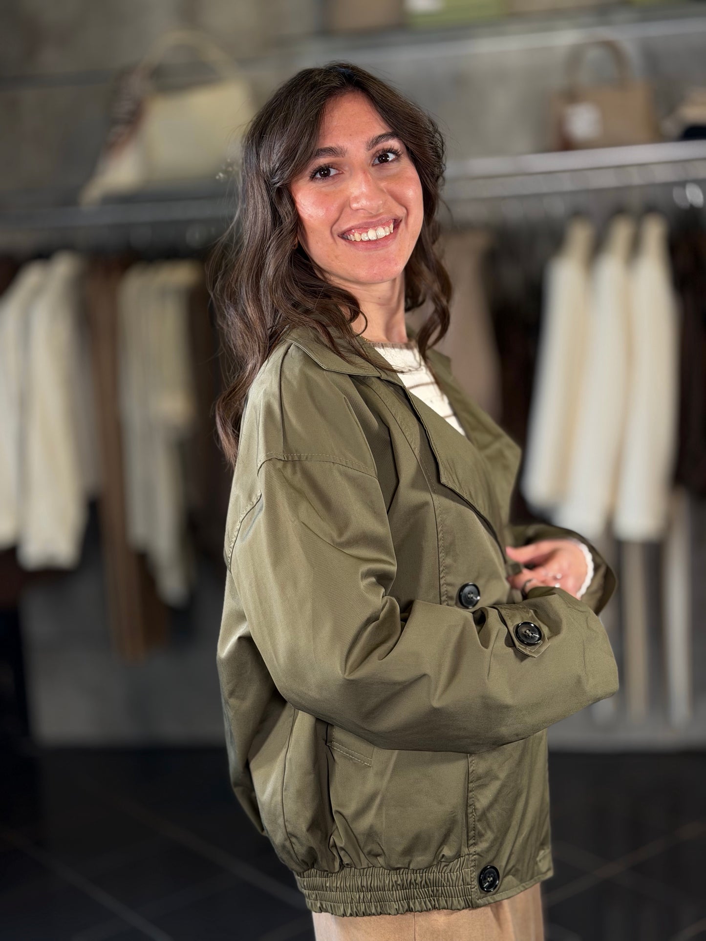 Bomber a doppio petto verde militare in taglia unica 2223
