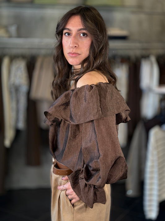 Blusa scollo a barca marrone in taglia unica 2242