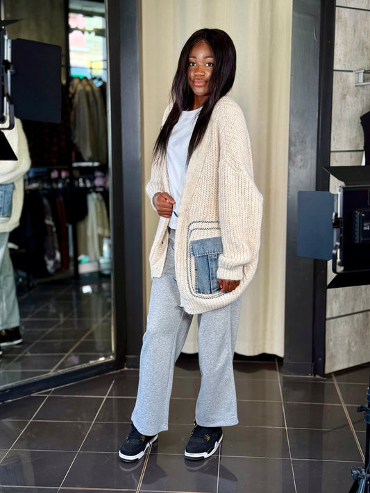 Maxi cardigan oversize panna con tasche in denim in taglia unica 2224