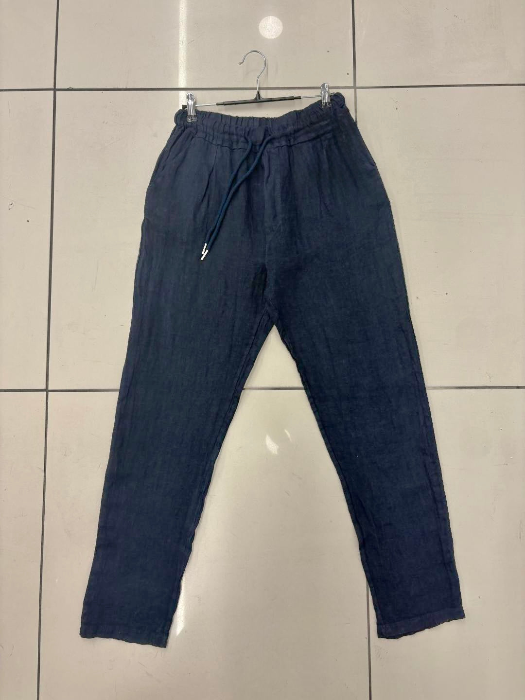 Pantalone in lino blu scuro con coulisse 2445