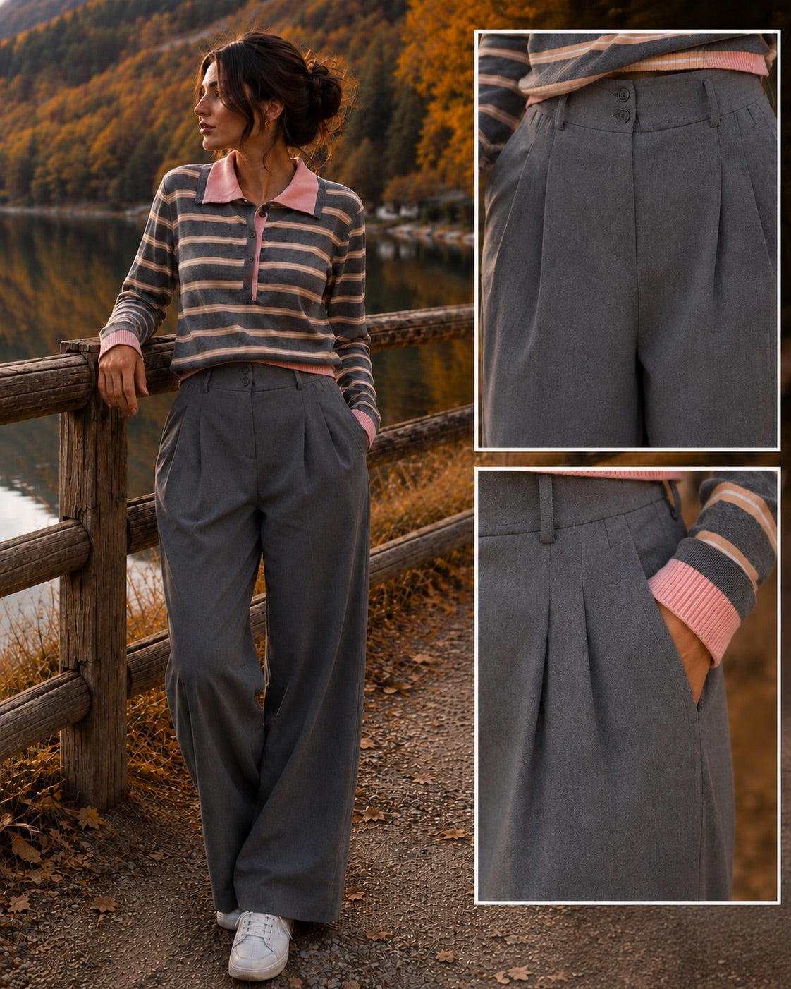 Pantalone grigio a palazzo con pieces