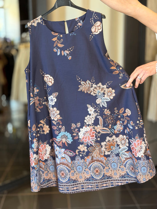 Abito a trapezio blu con stampa fiori in taglia unica 2853