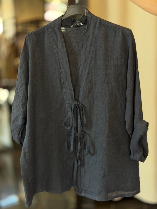 Camicia in Lino coreana blu con lacci in taglia unica 2855A