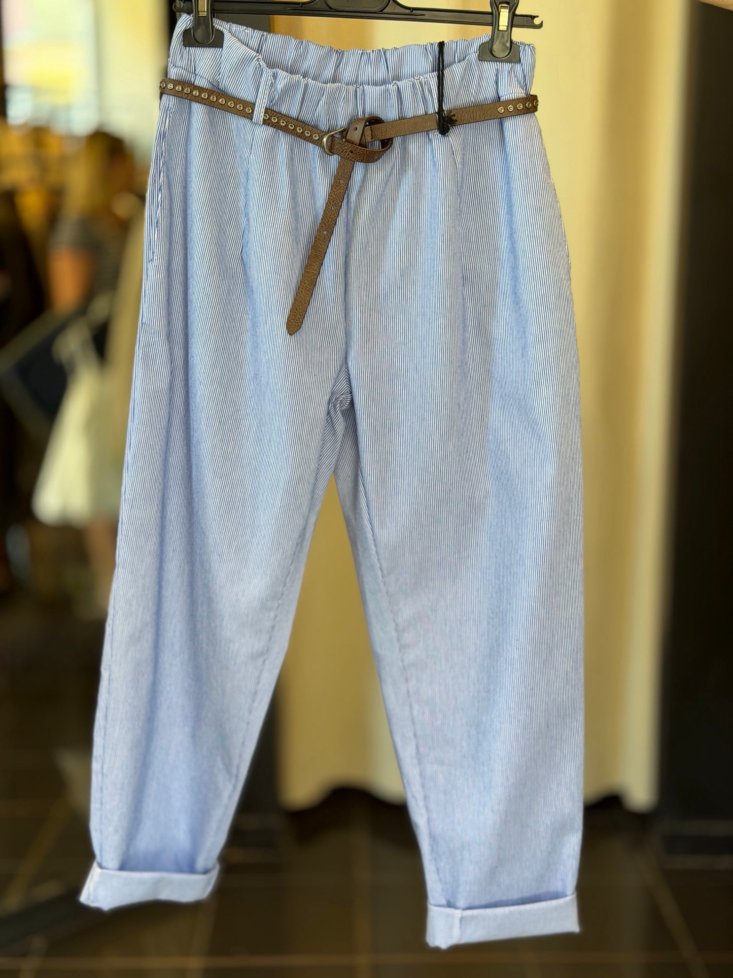 Pantalone Slim a righe azzurre con elastico in vita in taglia unica 2856