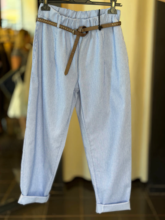 Pantalone Slim a righe azzurre con elastico in vita in taglia unica 2856