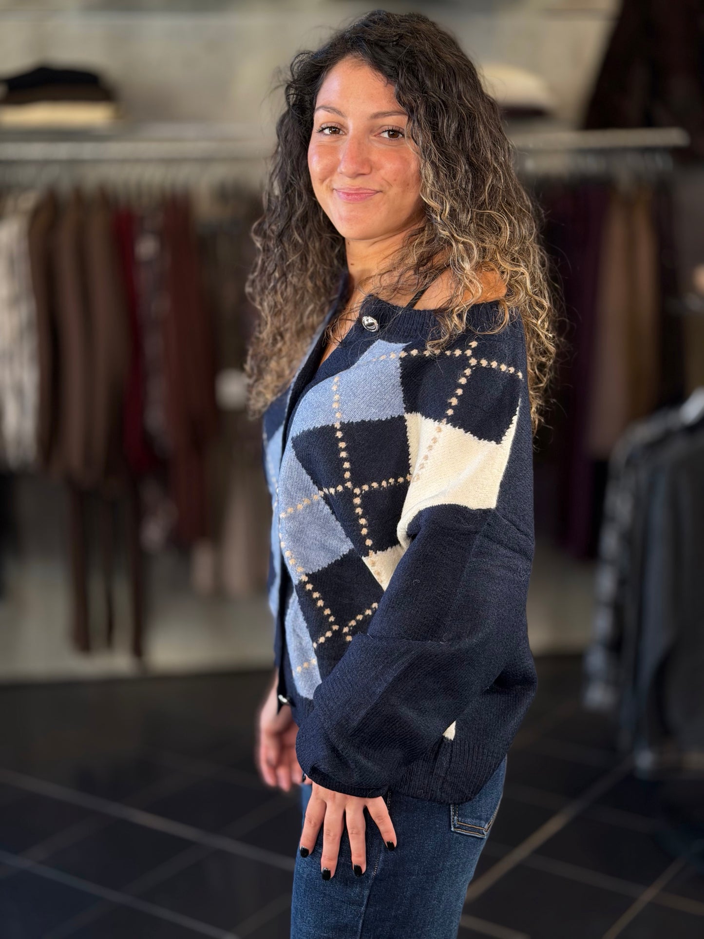 Cardigan blu a rombi in taglia unica 2472