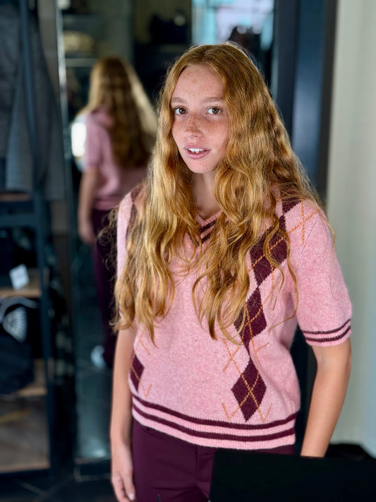 T-shirt in maglia con rombi e scollo a V rosa in taglia unica 2165