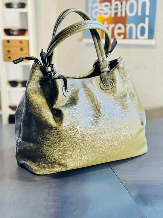 Borsa media verde oliva con manico corto e tracolla all’interno 2155