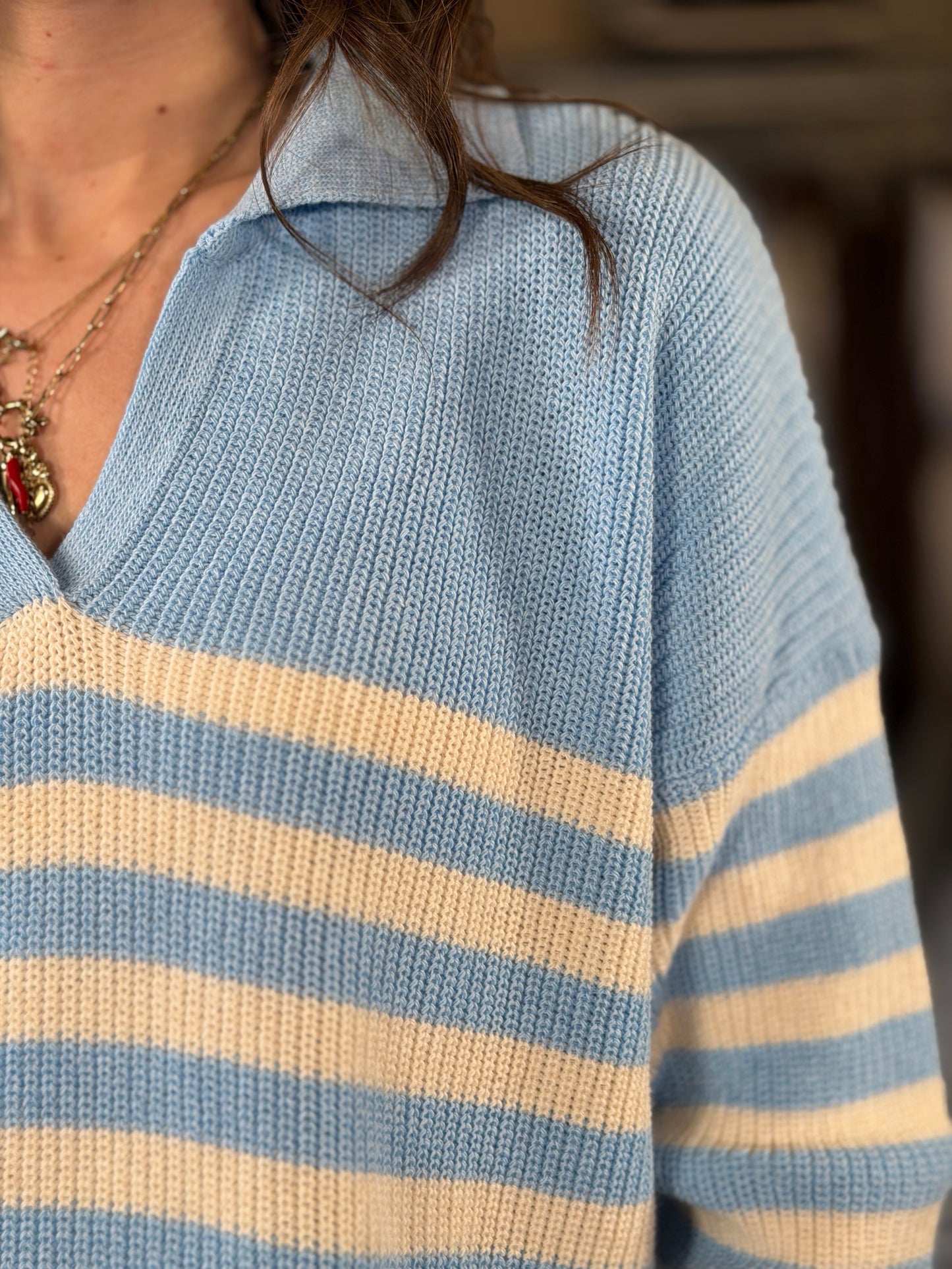 Maglioncino a Polo a righe azzurro e bianco in taglia unica 2253